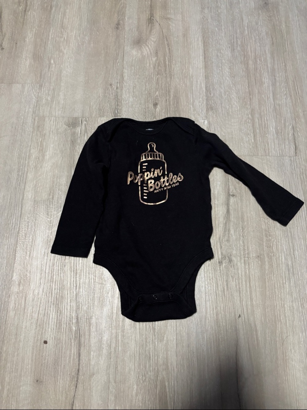Old‎ Navy Black Long-Sleeve Baby Bodysuit with Gold Bottle Graphic
